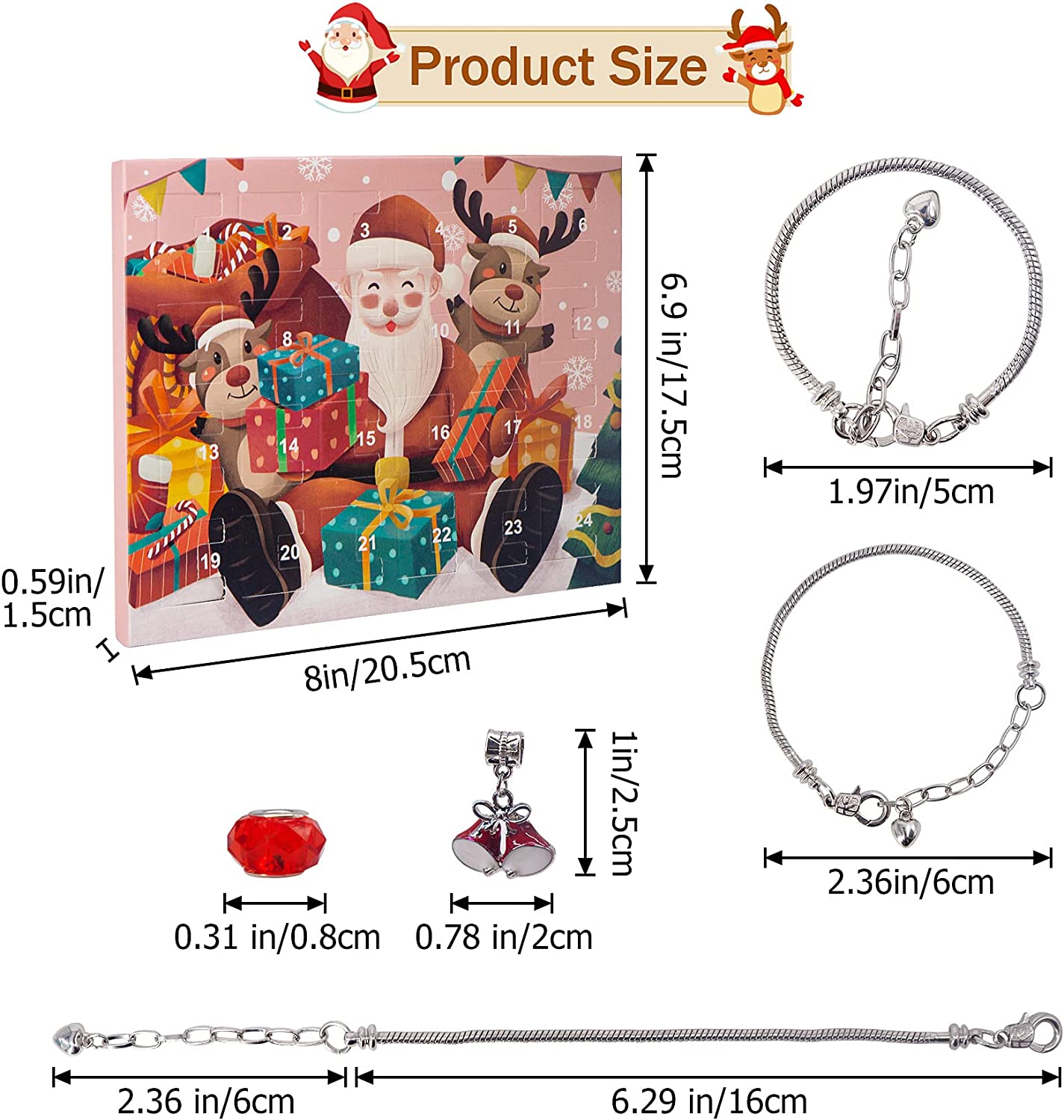 Christmas Advent Calendar DIY Charm Bracelet Jewelry Set Kids Surprise Gift Box
