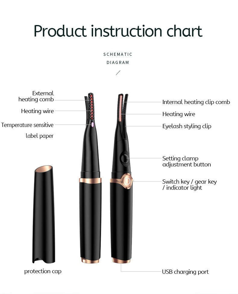 Electric Heated Eyelash Curler Makeup Curling Tool Long Lasting USB-Rechargeable