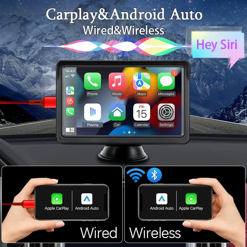 7 Inch Portable Radio Wireless Touch Screen Apple Carplay & Android Auto For Car