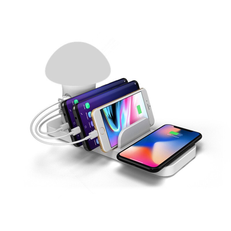 3 Port USB Phone Charger Station Mushroom Night Lamp Wireless Charging Station