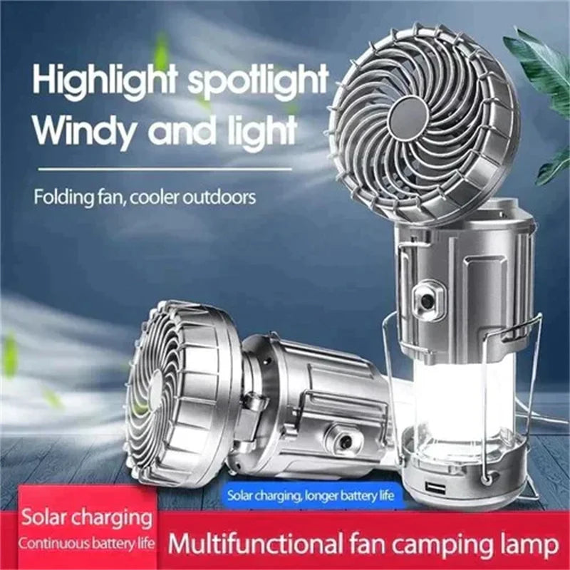 Portable Camping Lantern with Fan – Solar Powered, LED Light, Rechargeable & Hanging Tent Lamp