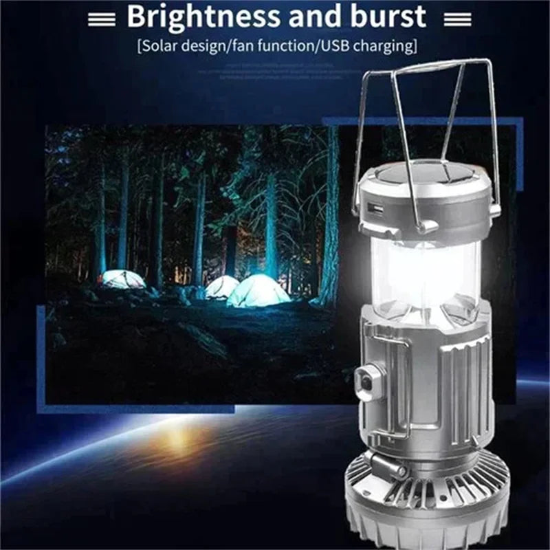 Portable Camping Lantern with Fan – Solar Powered, LED Light, Rechargeable & Hanging Tent Lamp
