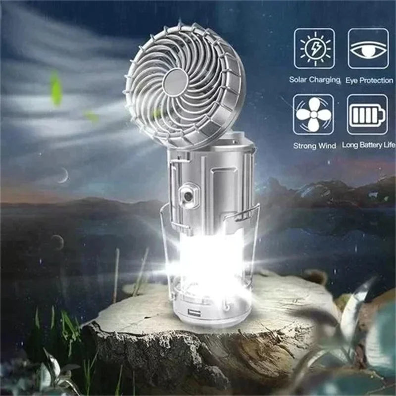 Portable Camping Lantern with Fan – Solar Powered, LED Light, Rechargeable & Hanging Tent Lamp