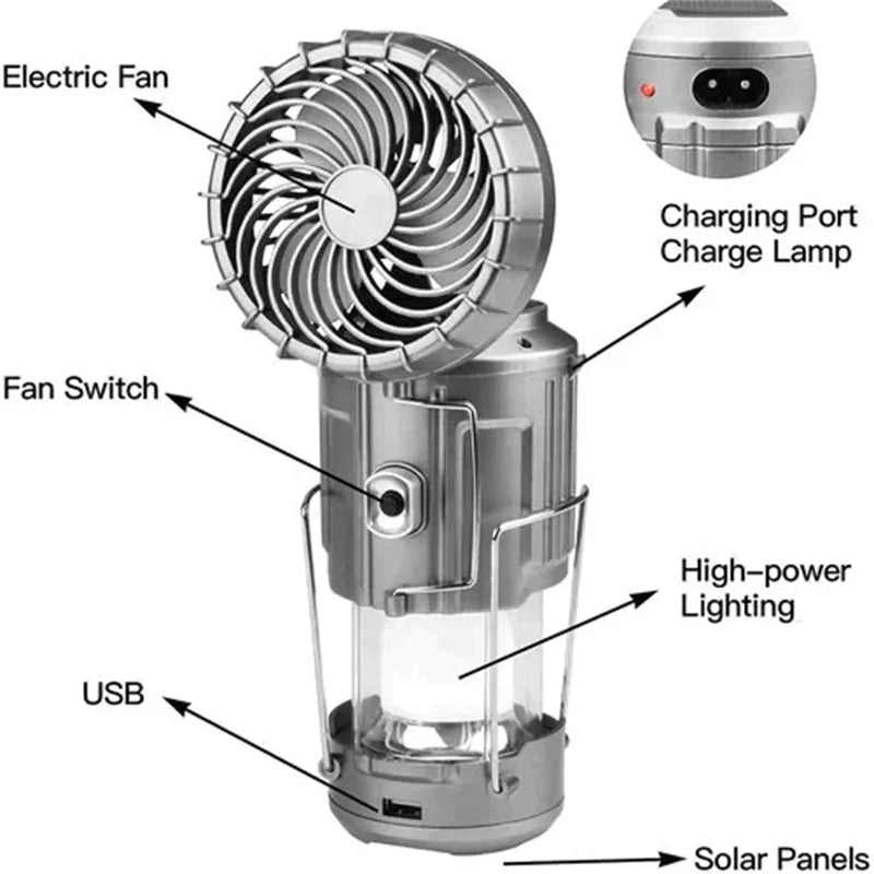 Portable Camping Lantern with Fan – Solar Powered, LED Light, Rechargeable & Hanging Tent Lamp