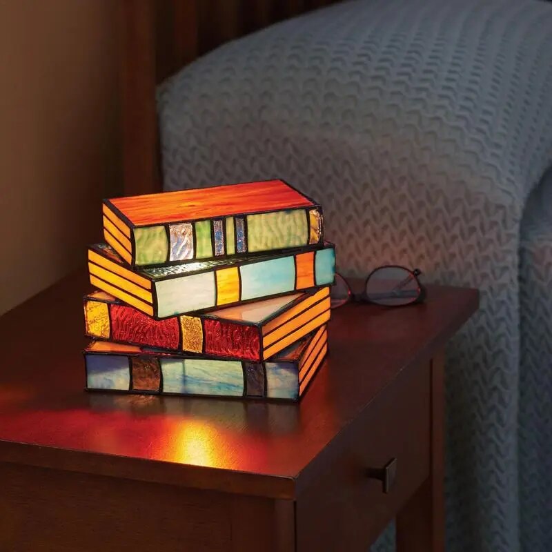Stained Glass Stacked Books Lamp,Stained Glass Table Lamp, Vergissim Book Light