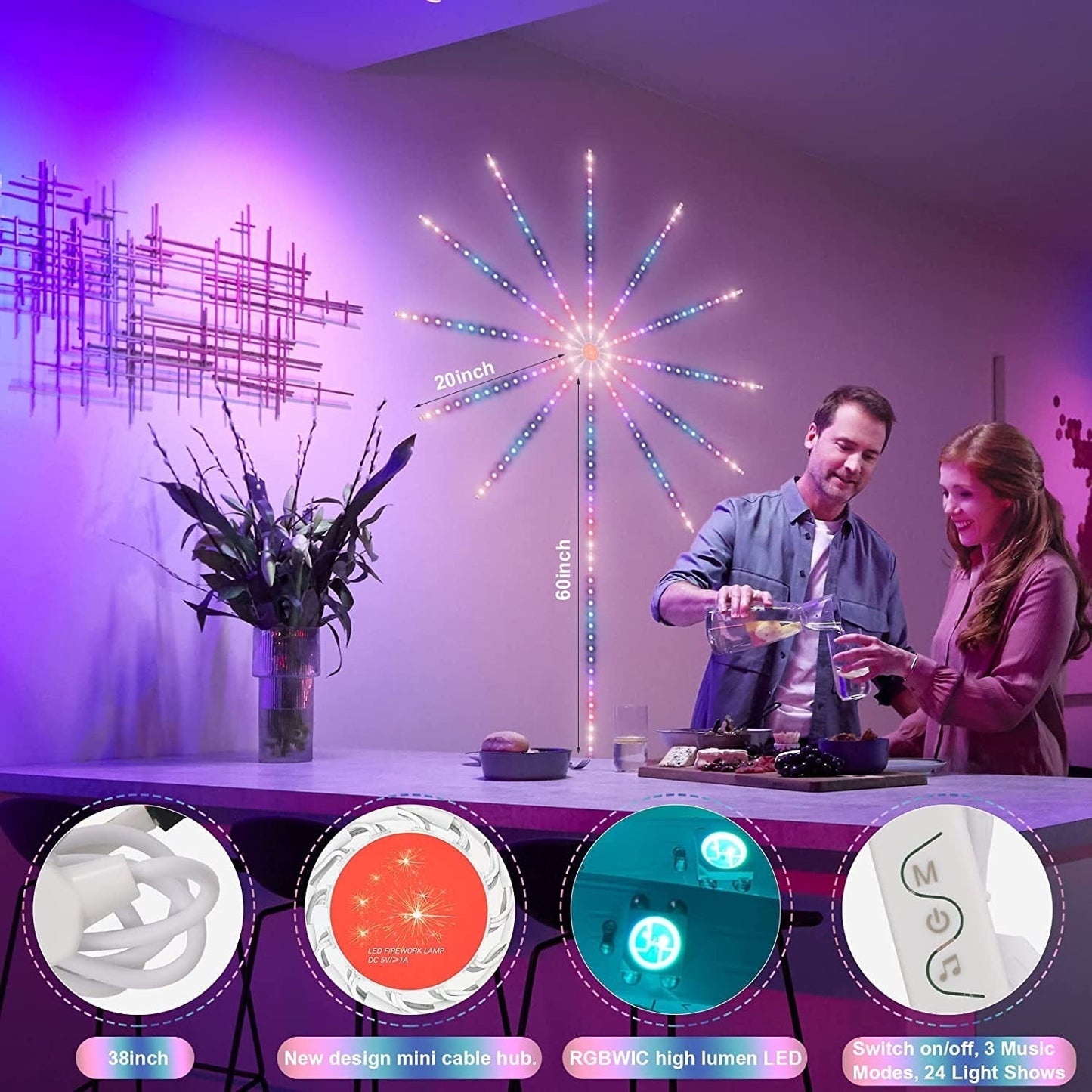 LED Firework Strip Lights Dream Color RGB Smart Music Sync APP & Remote Control