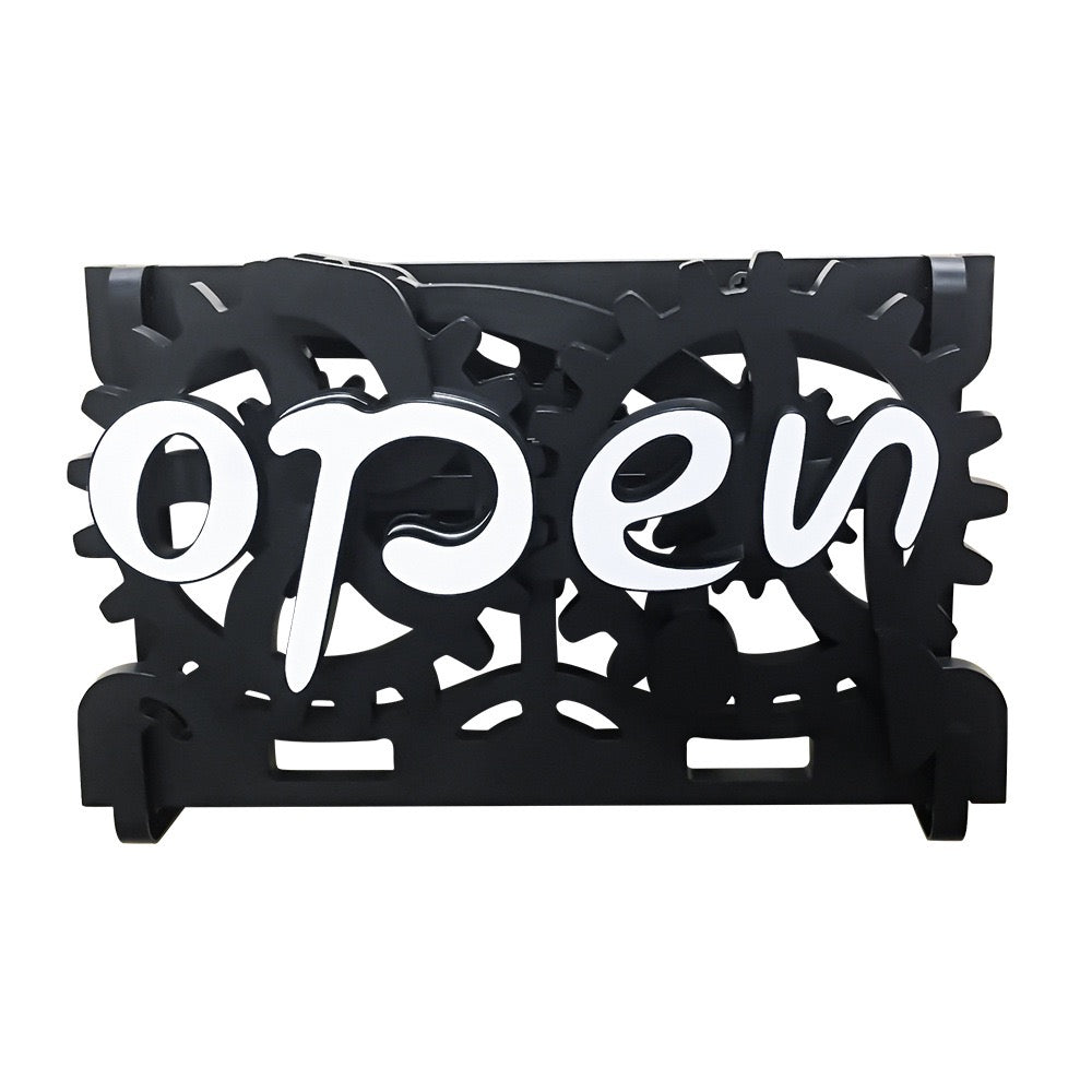 Wooden Double-Sided Open Closed Sign Signs Reversible Gear Business Closing Sign