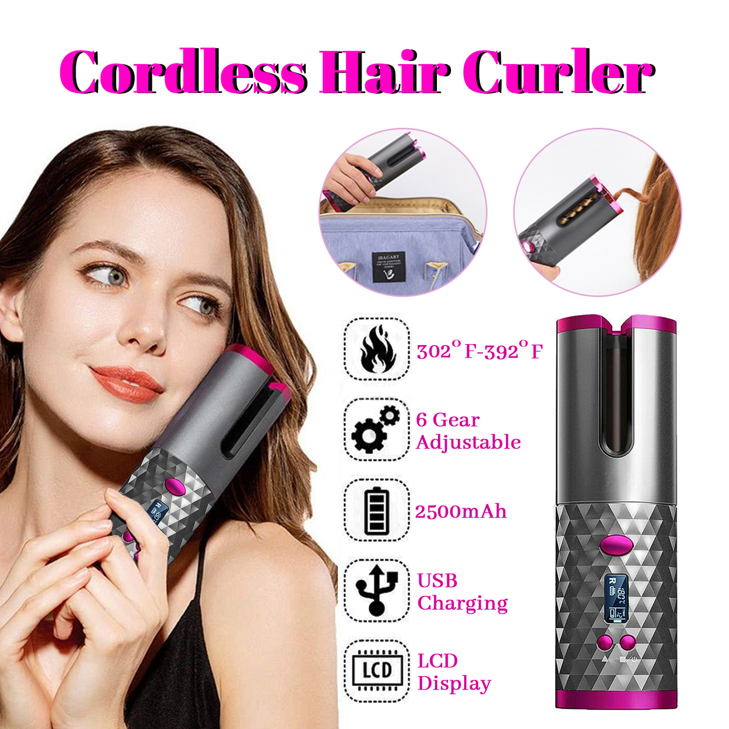 LCD Cordless Hair Curler Auto Rotating Wireless Hair Waver Curling Iron Ceramic