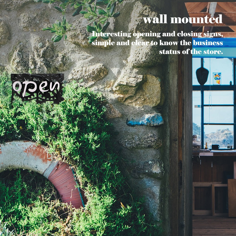 Wooden Double-Sided Open Closed Sign Signs Reversible Gear Business Closing Sign