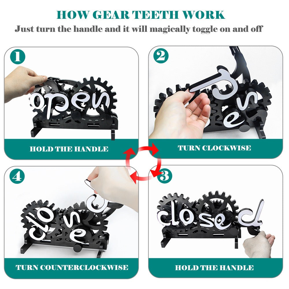 Wooden Double-Sided Open Closed Sign Signs Reversible Gear Business Closing Sign