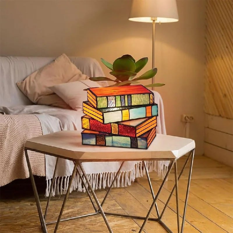Stained Glass Stacked Books Lamp,Stained Glass Table Lamp, Vergissim Book Light
