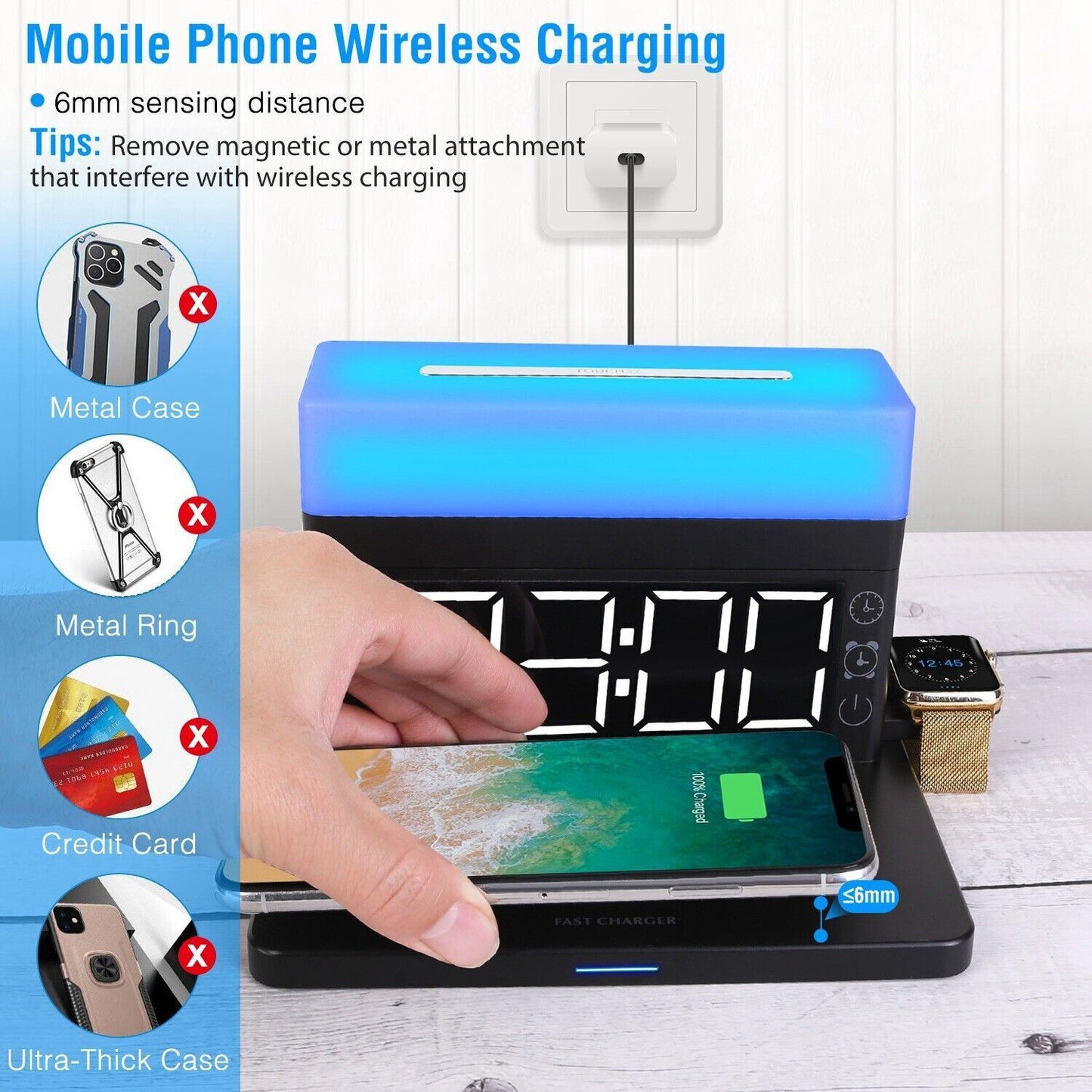 3-In-1 15W Fast Wireless Charging Station Dock 7-Color Flashing Alarm Clock Lamp