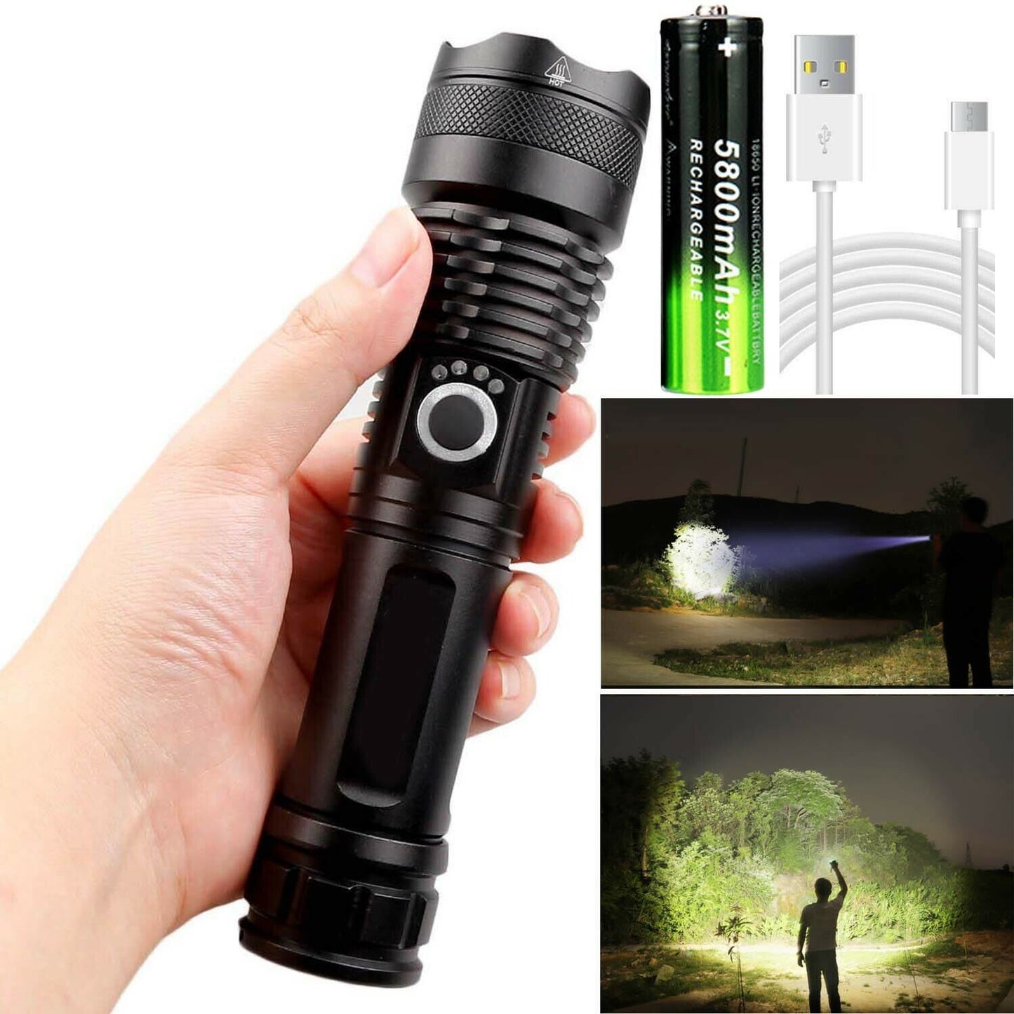 Super-Bright Rechargeable 90000Lumens LED Tactical XHP50 Flashlight With Battery