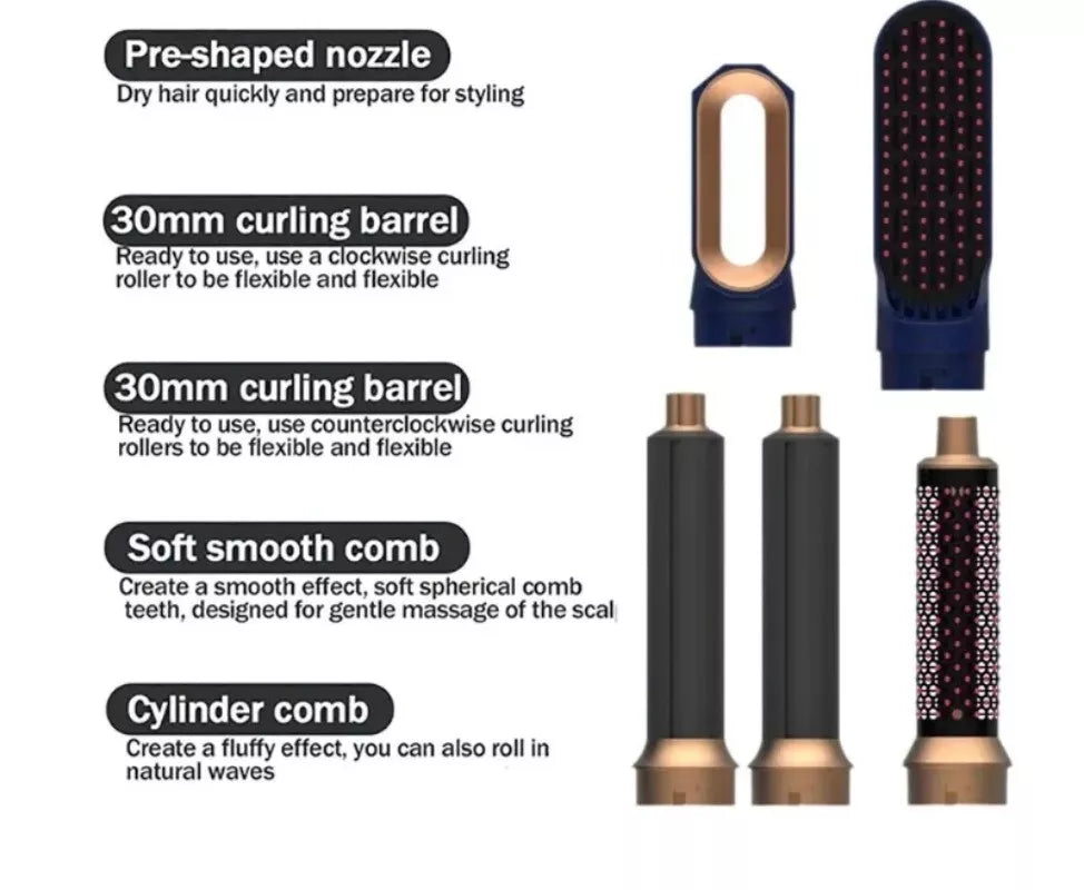 All in 1 Hair Styling Set – Hair Dryer, Straightener, Curling Iron & Hot Air Brush Combo 6 Pcs Set