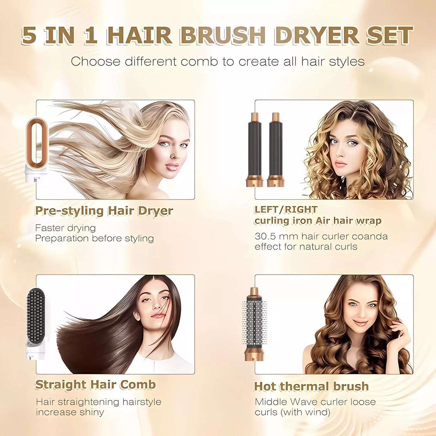 5 in 1 Hair Dryer Hot Comb Set Professional Curling Iron Hair Straightener
