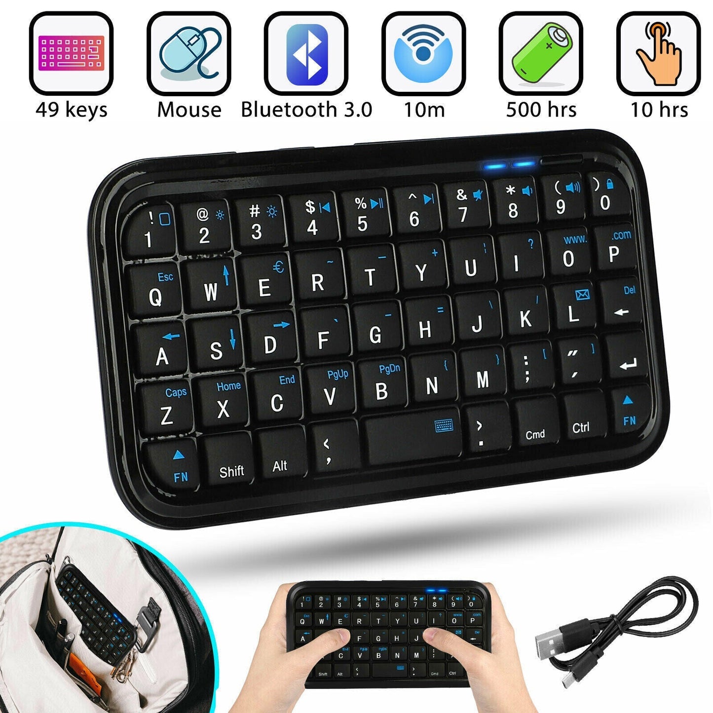 Mini Wireless Bluetooth 3.0 Keyboard LED Keypad USB Charging for PC TV Android XBOX