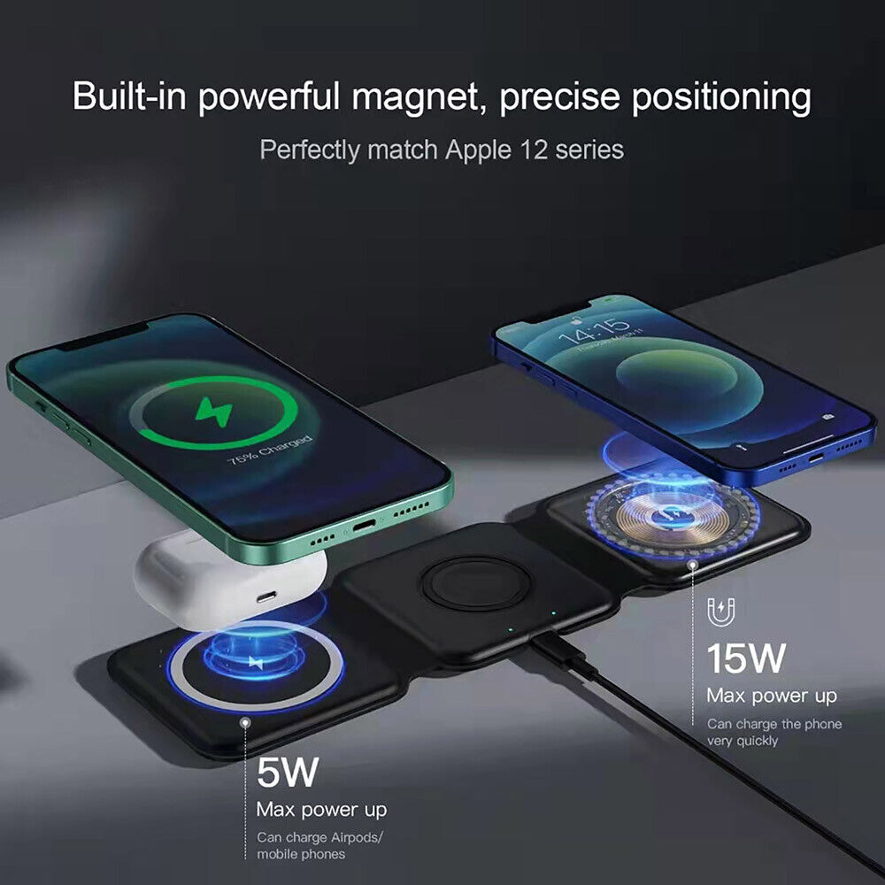 Foldable 3-in-1 Magnetic Wireless Charger Pad For Apple Watch Air Pods iPhone Android