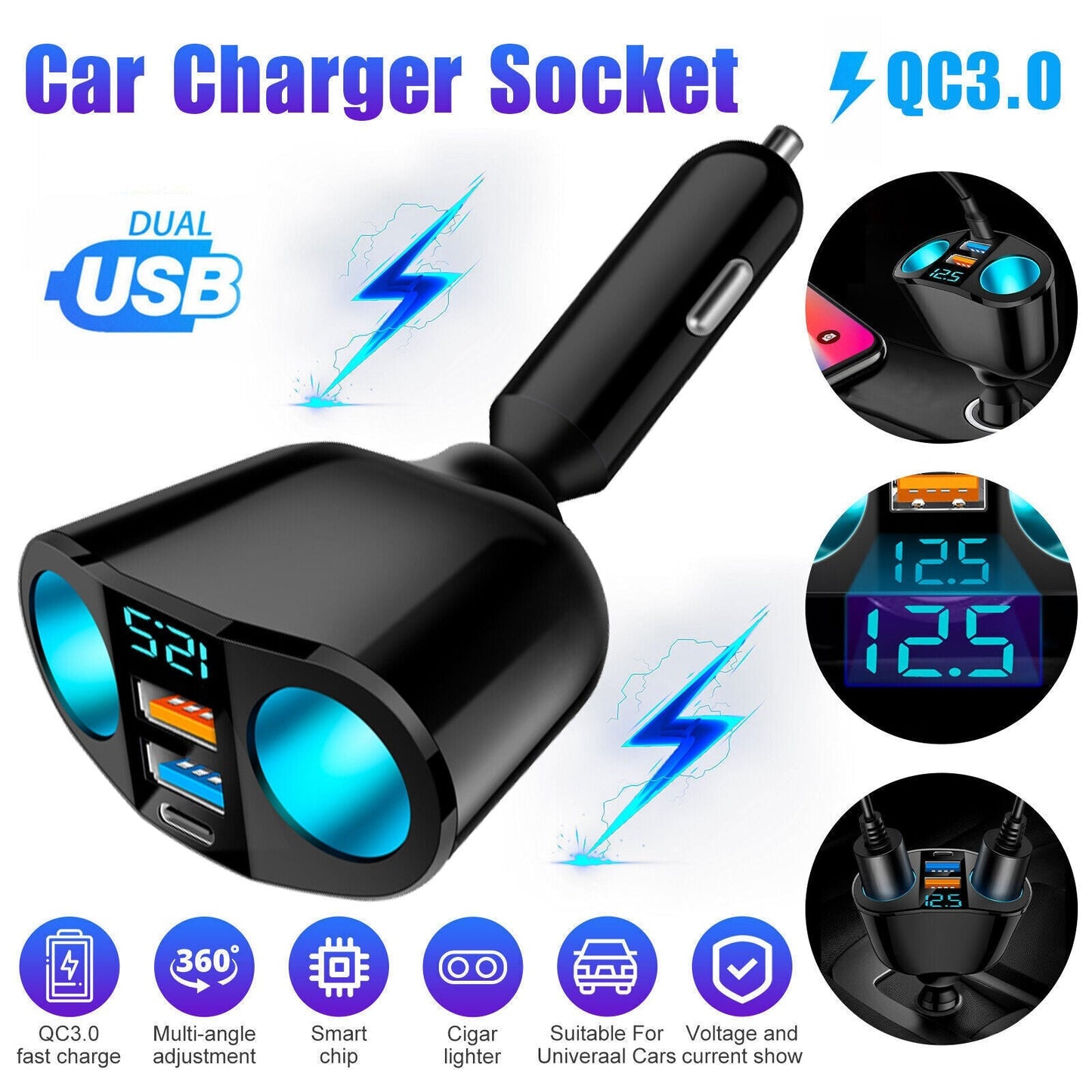 USB Car Cigarette Lighter Socket Splitter Power Adapter Charger Outlet 12V