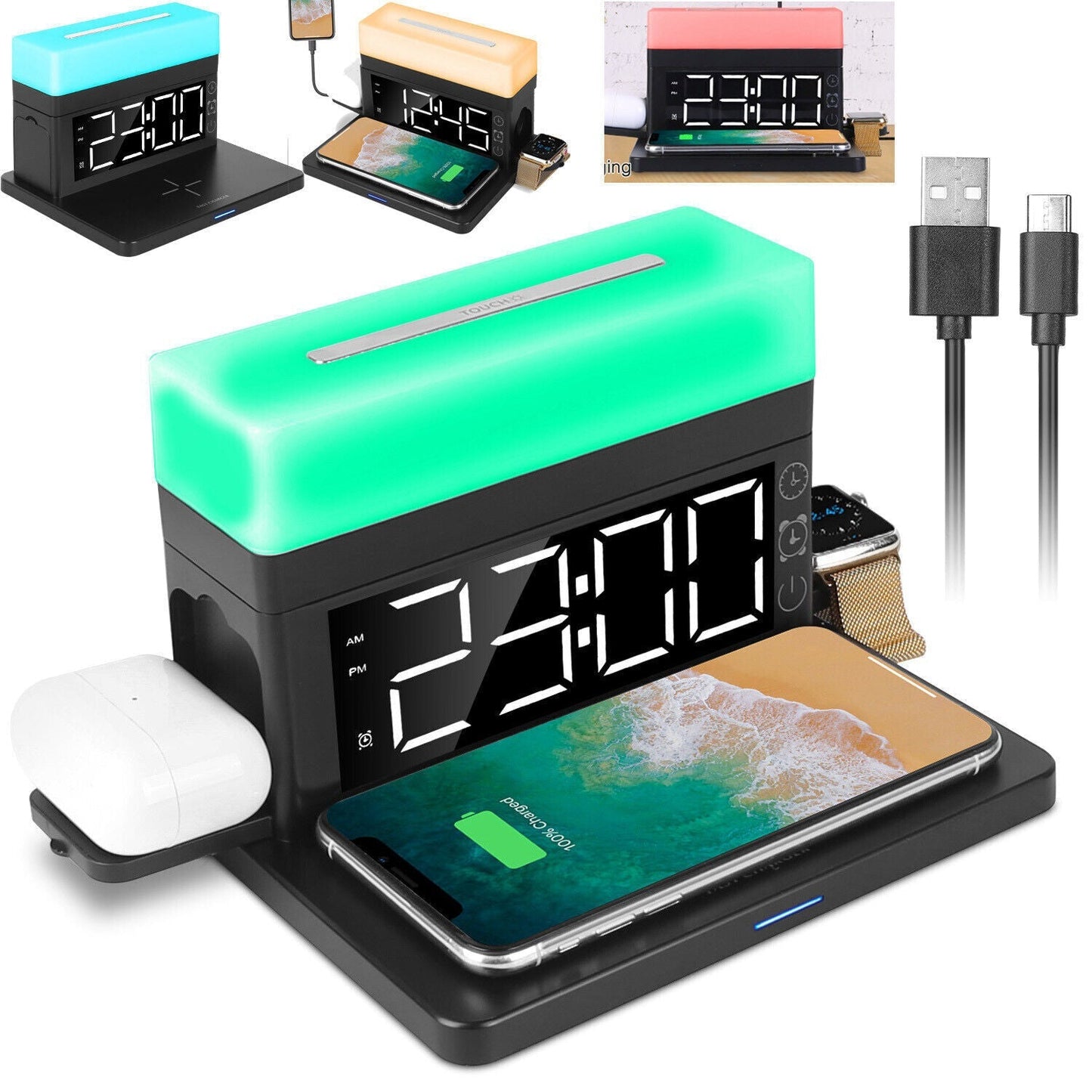 3-In-1 15W Fast Wireless Charging Station Dock 7-Color Flashing Alarm Clock Lamp
