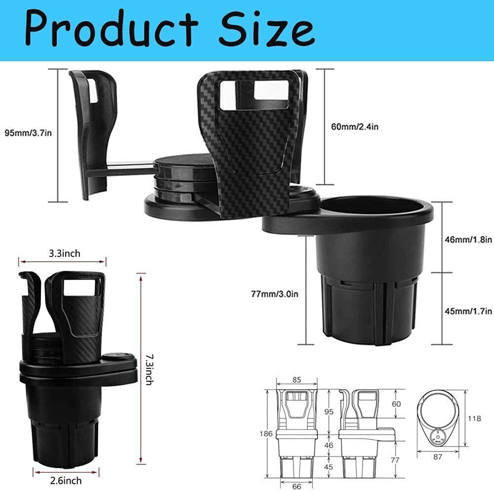 Car Cup Holder Expander Adapter 360°Rotating Adjustable Dual Drink Holders