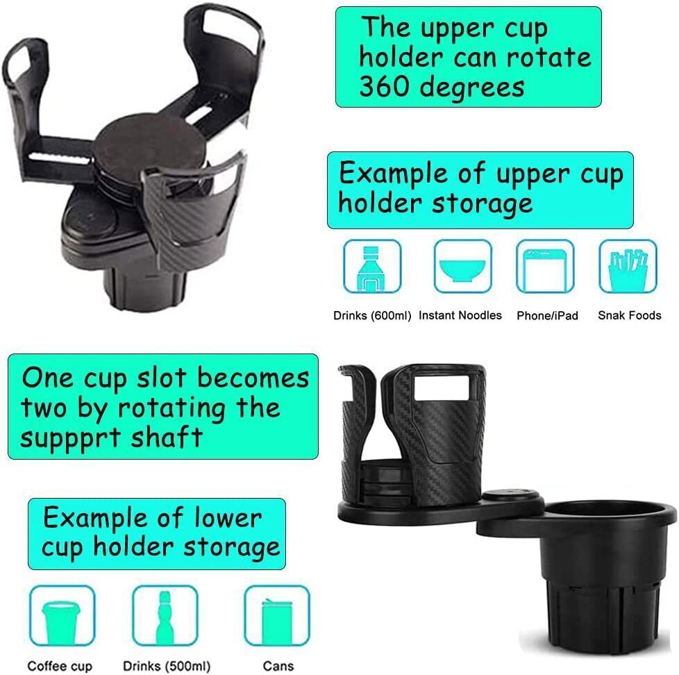 Car Cup Holder Expander Adapter 360°Rotating Adjustable Dual Drink Holders