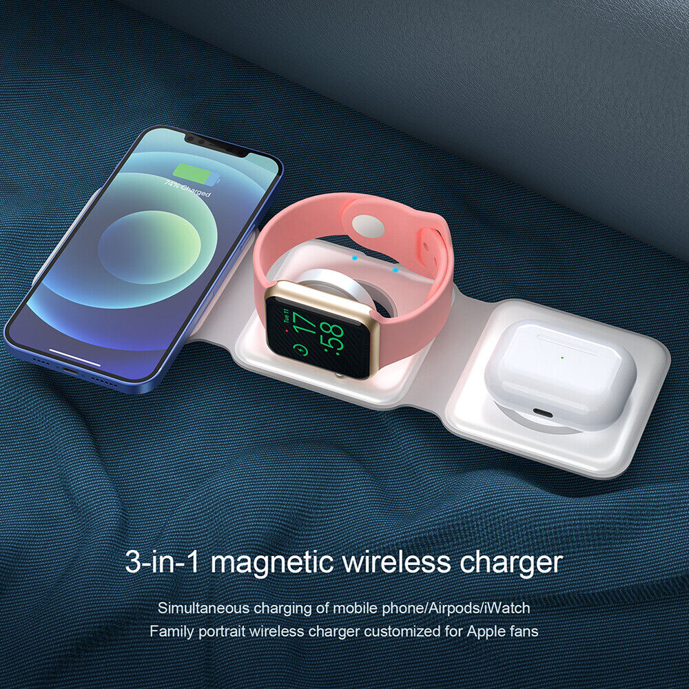 Foldable 3-in-1 Magnetic Wireless Charger Pad For Apple Watch Air Pods iPhone Android