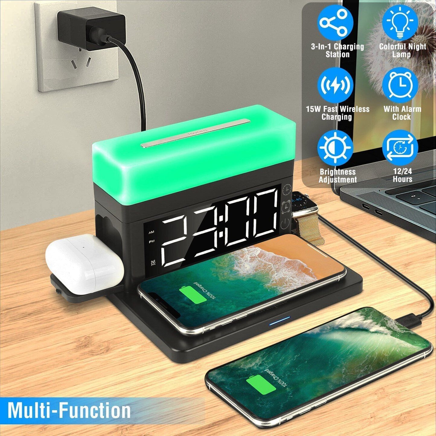 3-In-1 15W Fast Wireless Charging Station Dock 7-Color Flashing Alarm Clock Lamp
