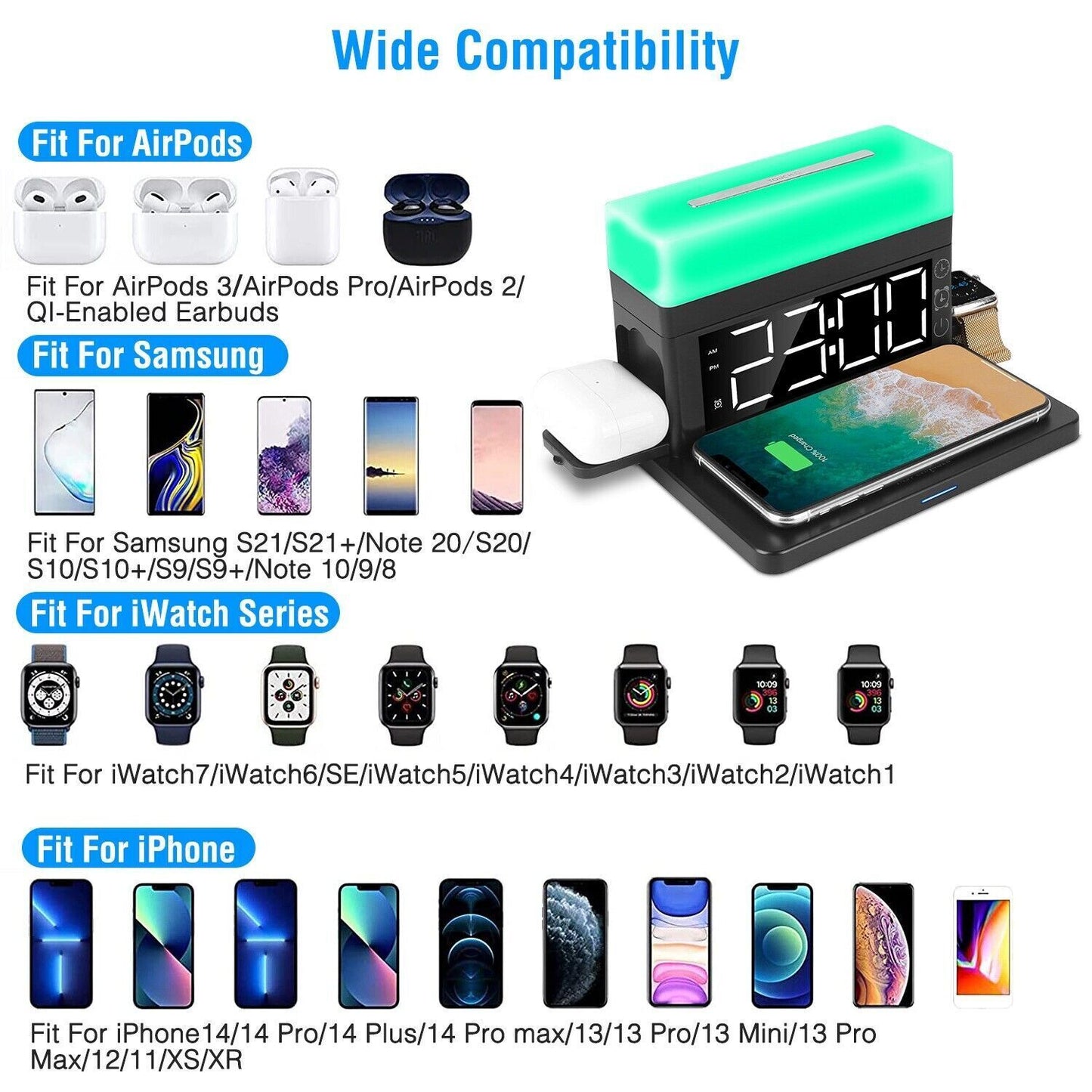 3-In-1 15W Fast Wireless Charging Station Dock 7-Color Flashing Alarm Clock Lamp