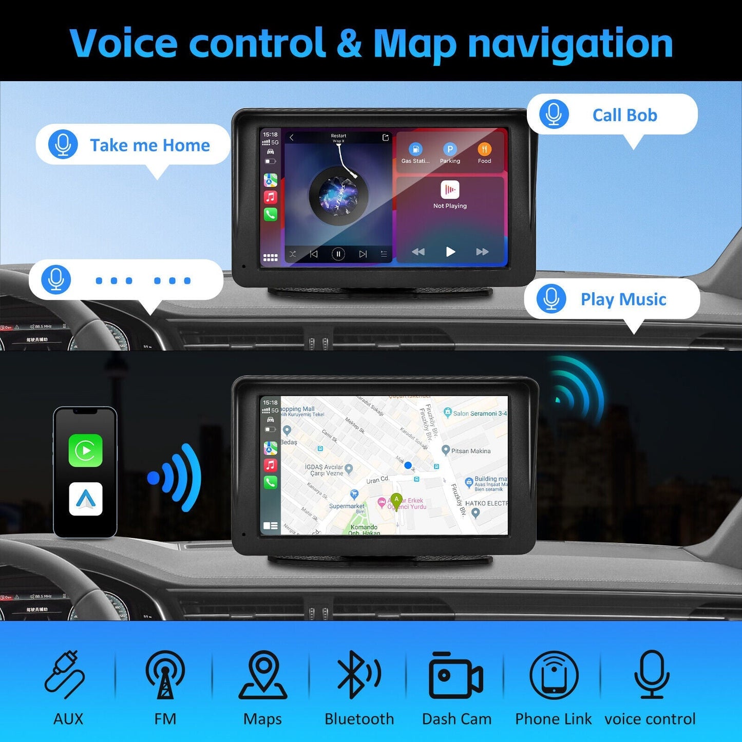7 Inch Portable Radio Wireless Touch Screen Apple Carplay & Android Auto For Car