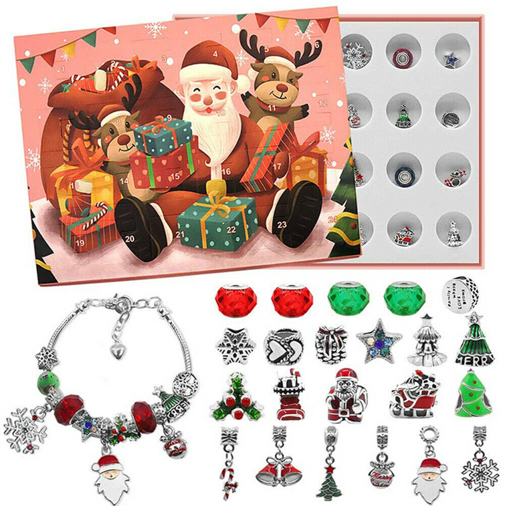 Christmas Advent Calendar DIY Charm Bracelet Jewelry Set Kids Surprise Gift Box