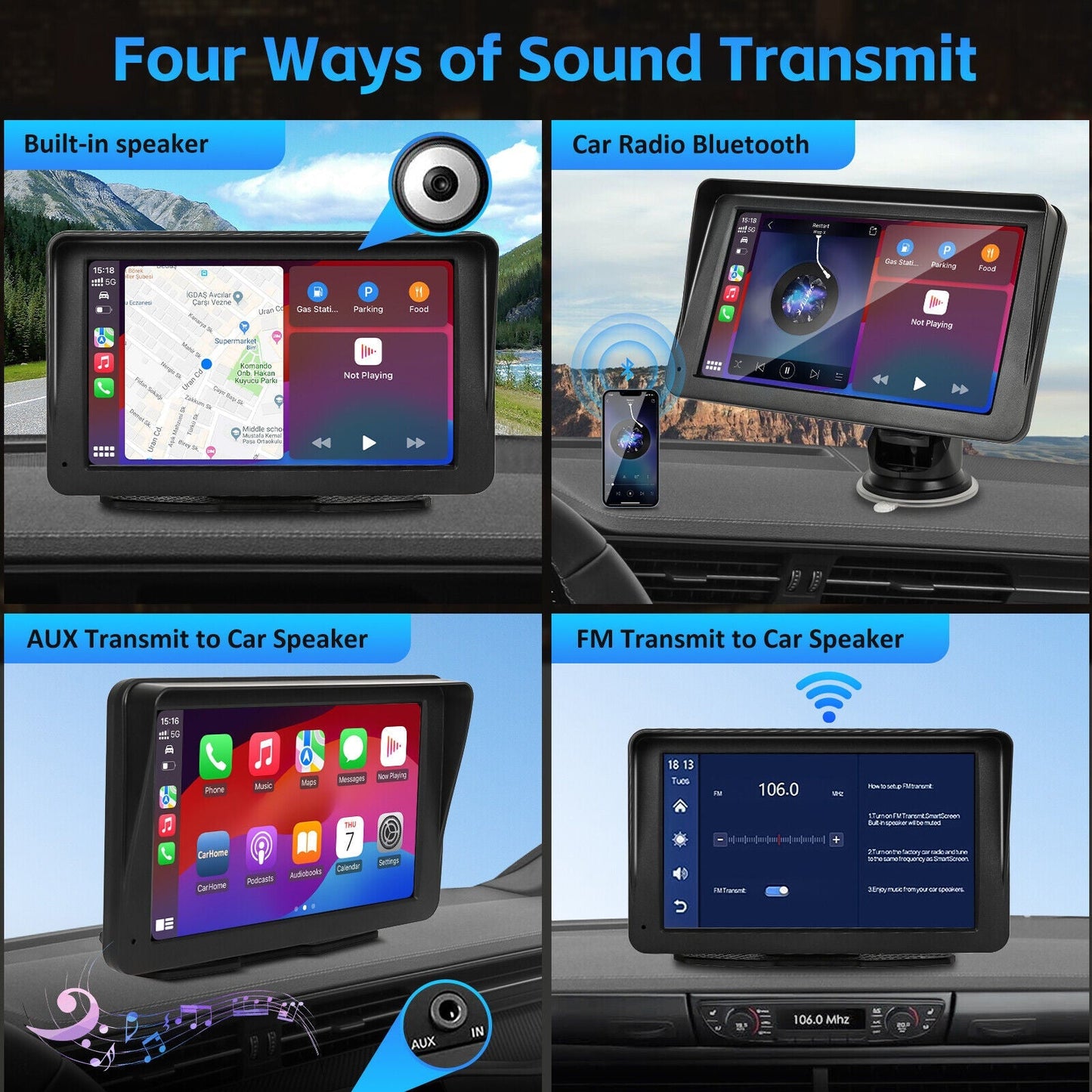 7 Inch Portable Radio Wireless Touch Screen Apple Carplay & Android Auto For Car