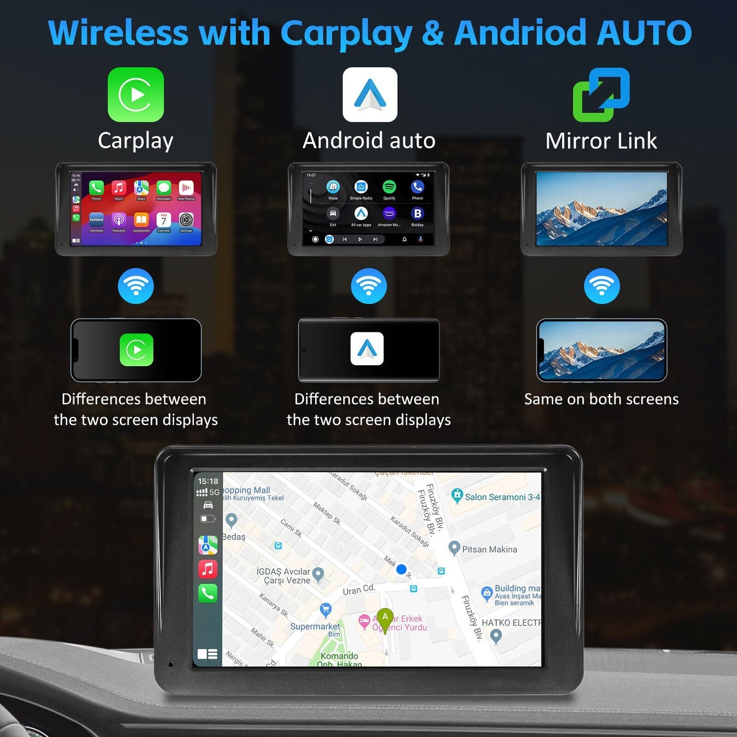 7 Inch Portable Radio Wireless Touch Screen Apple Carplay & Android Auto For Car
