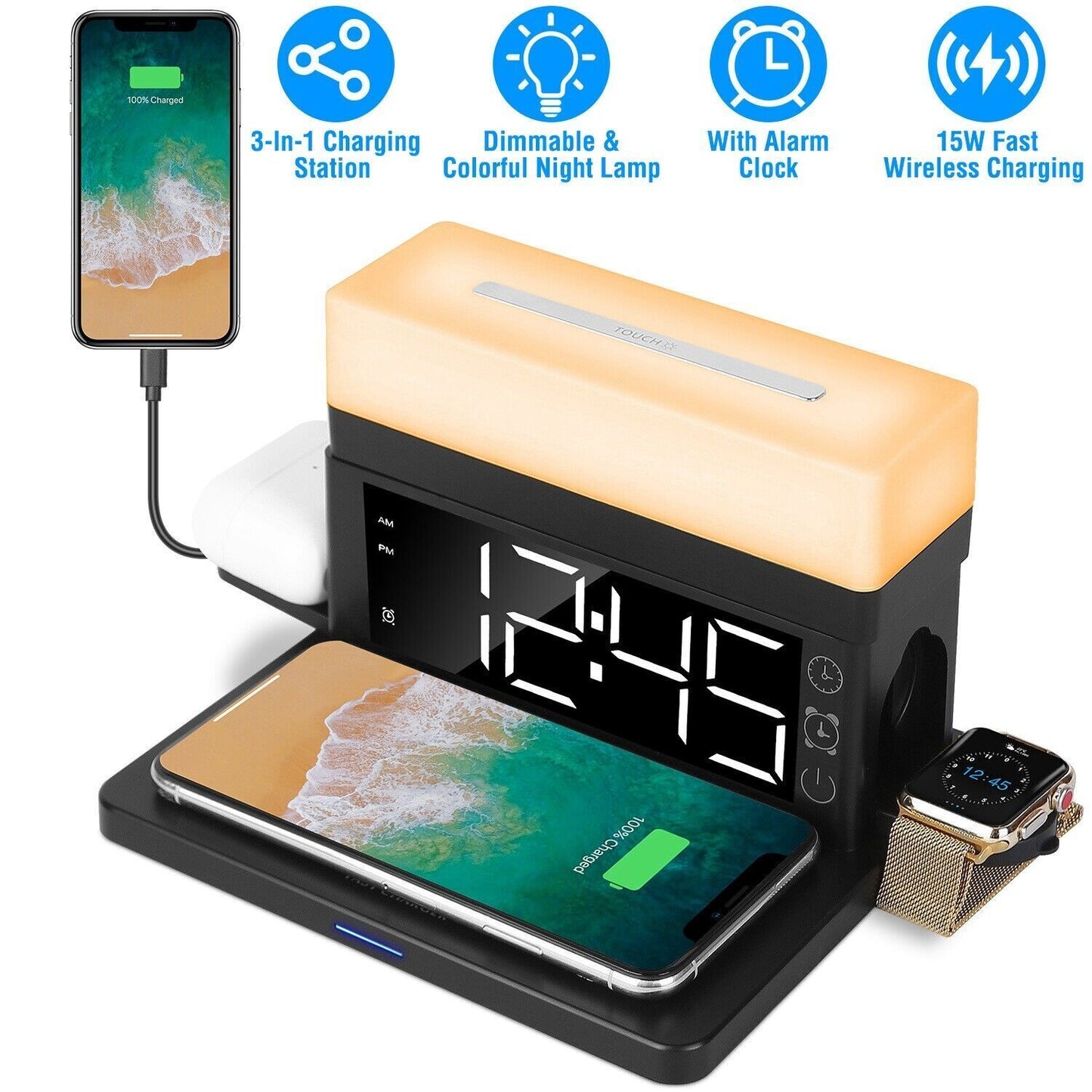 3-In-1 15W Fast Wireless Charging Station Dock 7-Color Flashing Alarm Clock Lamp
