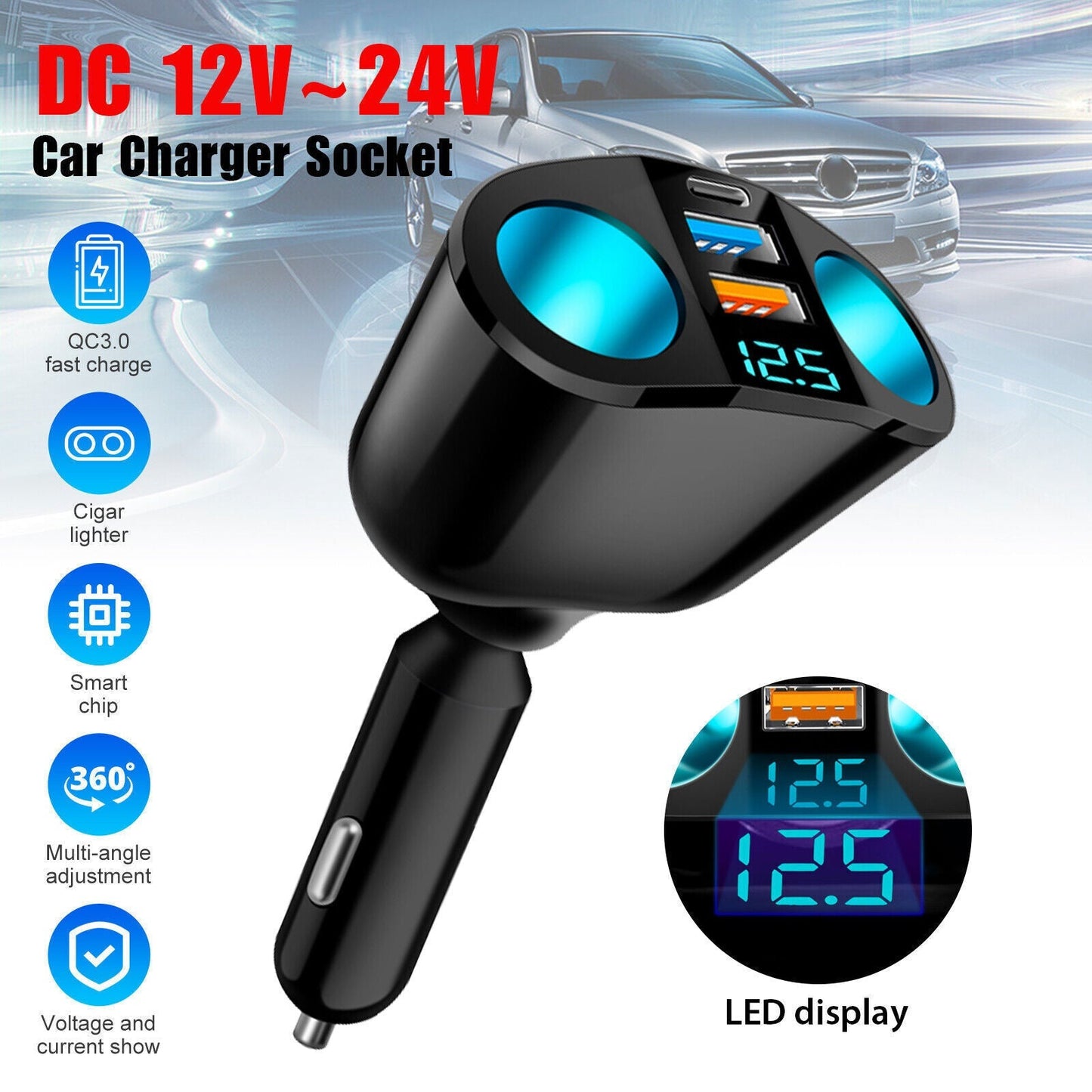 USB Car Cigarette Lighter Socket Splitter Power Adapter Charger Outlet 12V