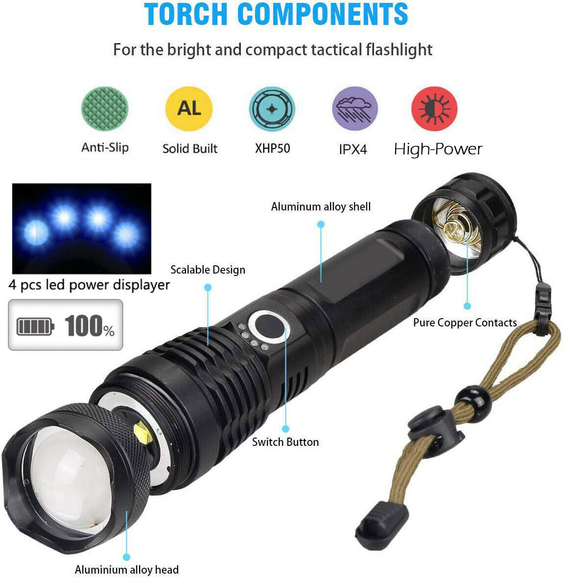 Super-Bright Rechargeable 90000Lumens LED Tactical XHP50 Flashlight With Battery