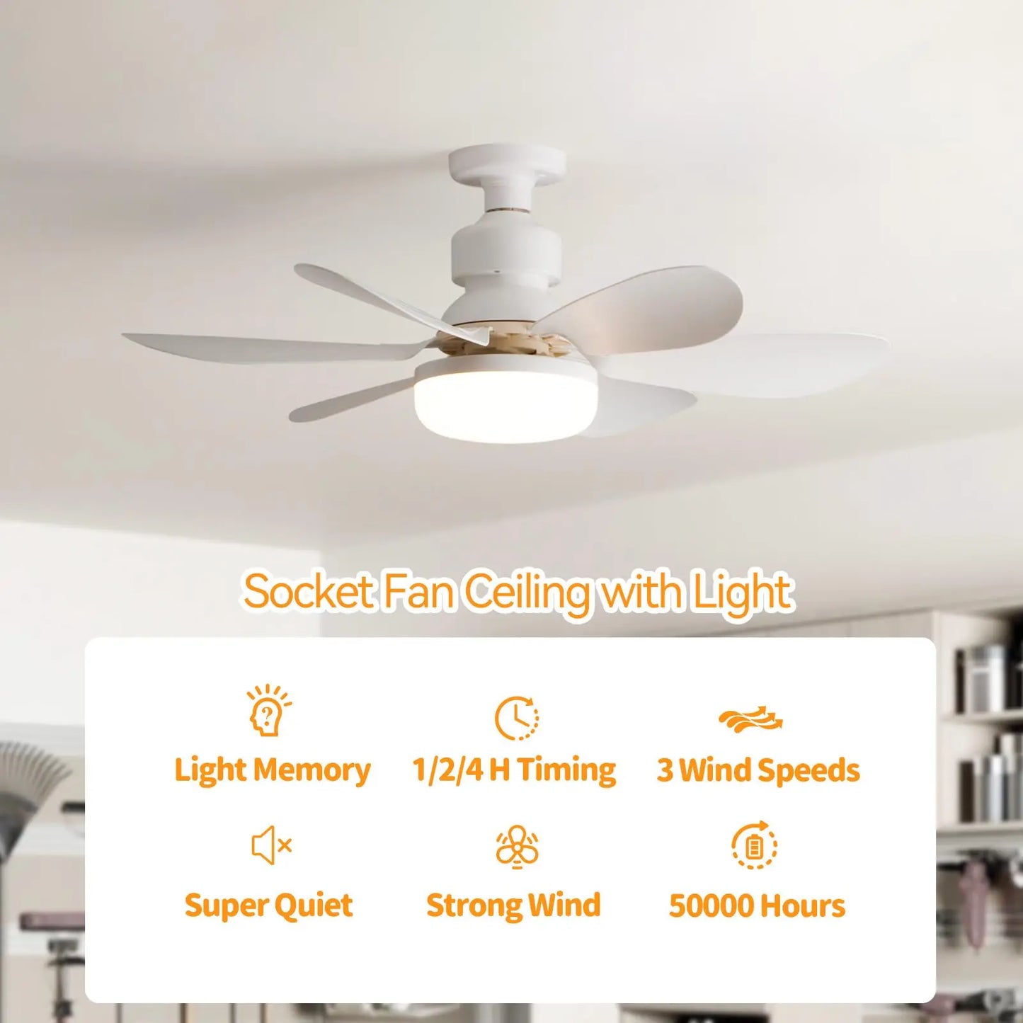 Socket Cooling Fan 30W E27 Socket Fan with Dimmable LED Light