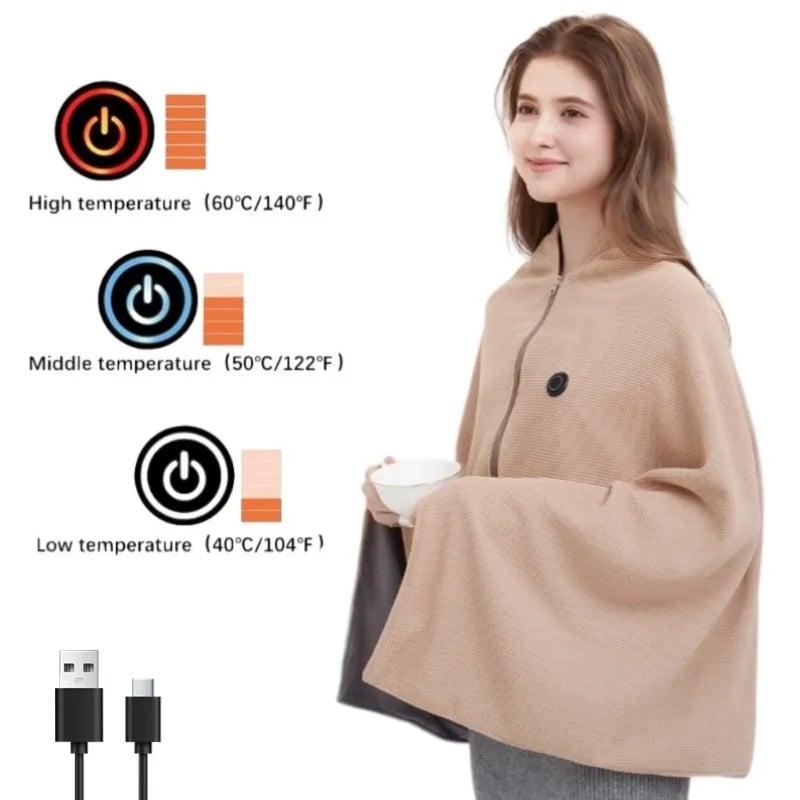 Portable Electric Heated Soft Zipper Shawl Blanket