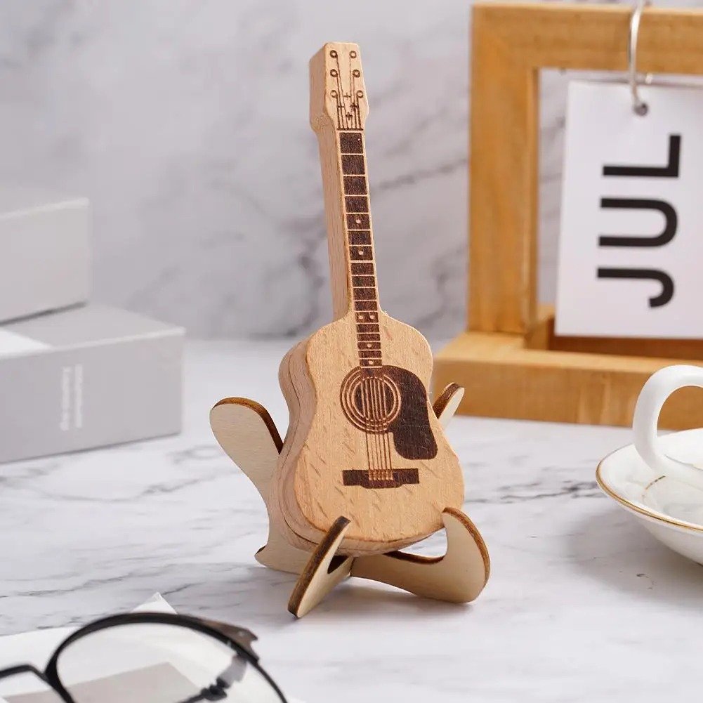 Wooden Guitar Pick Box with Stand Mini Shaped Holder Personalized Acoustic