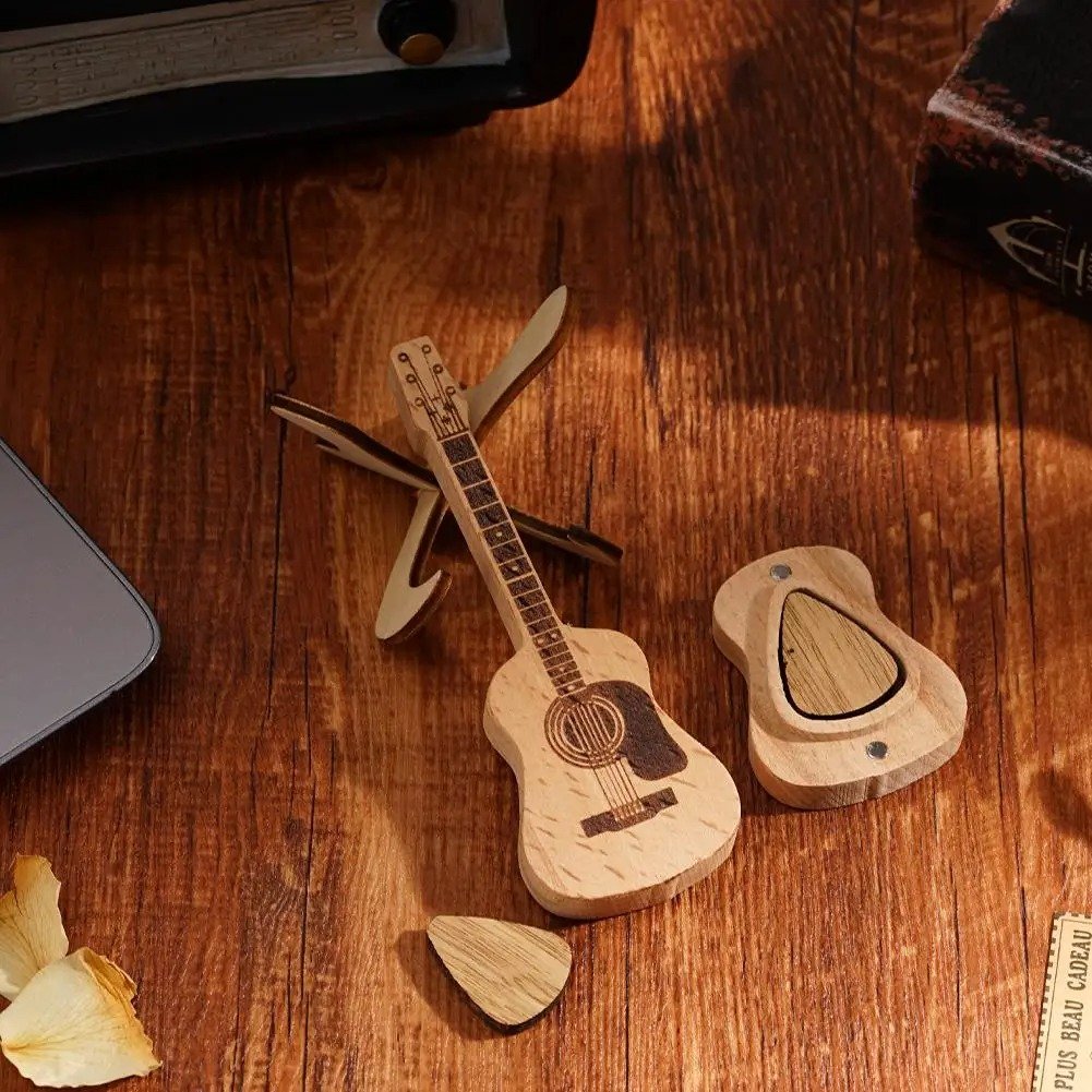 Boîte à médiators en bois avec support Mini support en forme de guitare acoustique personnalisée