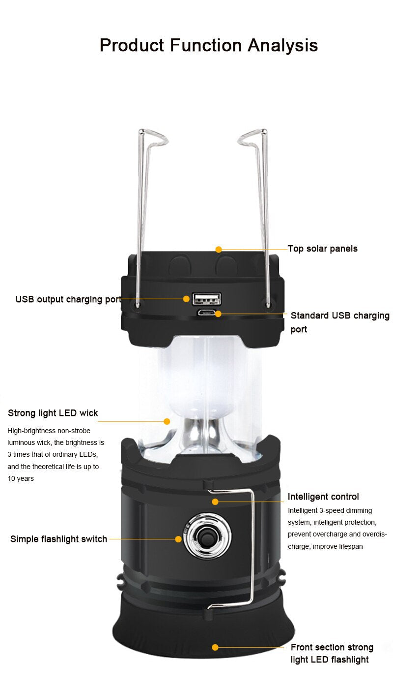 Solarbetriebene LED-Campinglaterne – perfekt zum Wandern, Camping, für Notfälle 