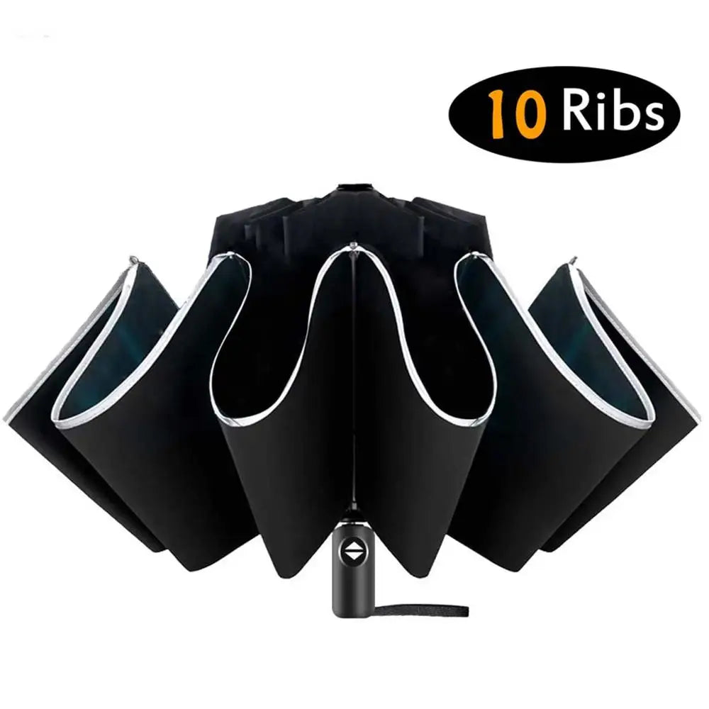 Inverted Windproof Folding Reverse Auto Umbrella with Reflective Stripe 10 Ribs