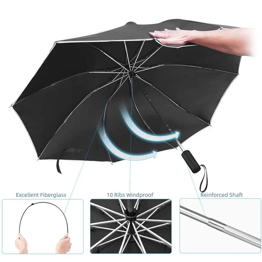 Inverted Windproof Folding Reverse Auto Umbrella with Reflective Stripe 10 Ribs