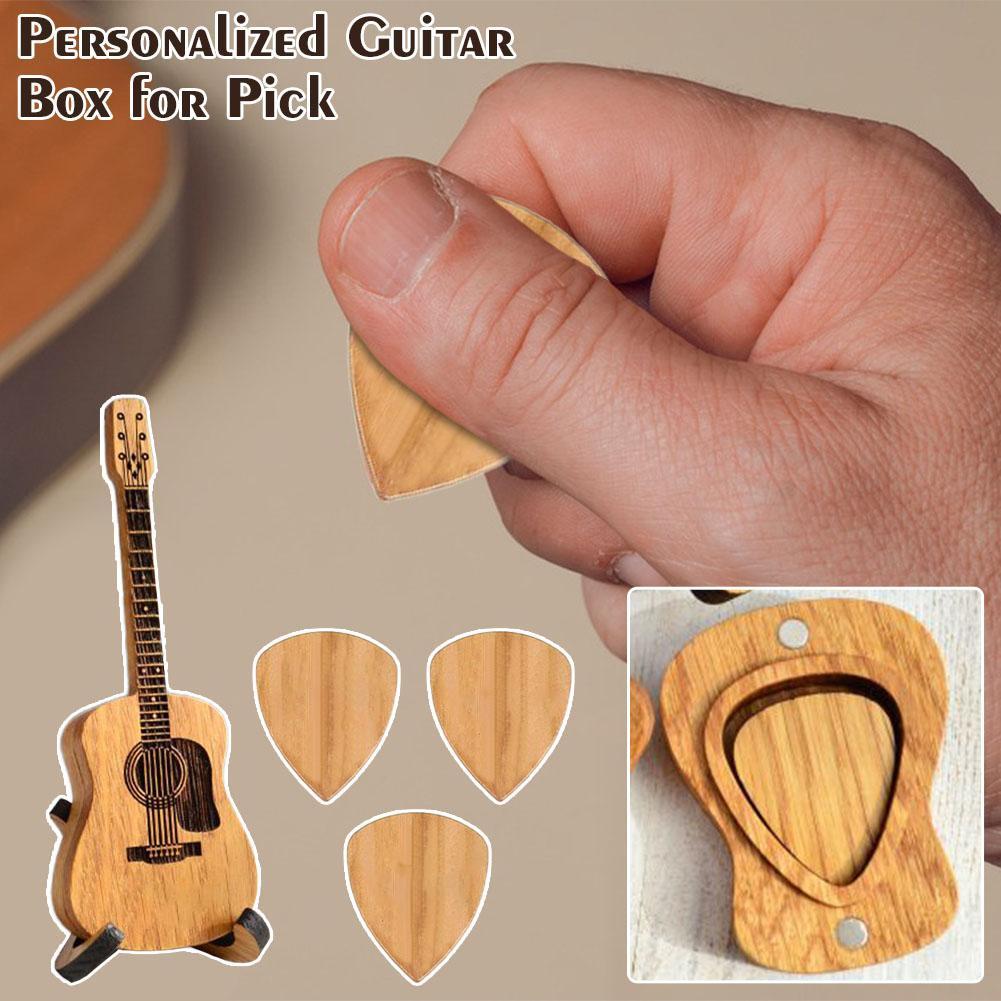 Wooden Guitar Pick Box with Stand Mini Shaped Holder Personalized Acoustic