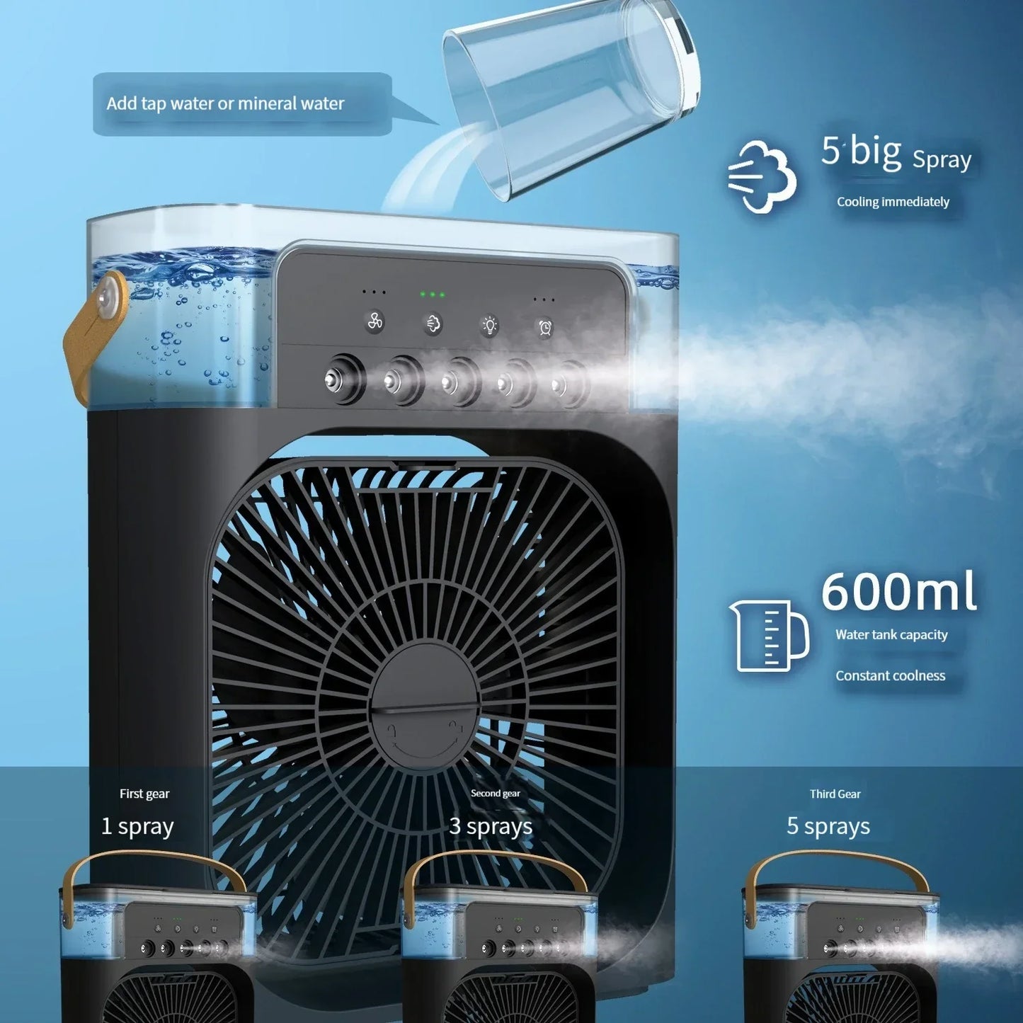 3 in 1 Ice Mist Tragbarer Luftkühler Persönlicher Klimaanlagenventilator für Zuhause, Büro