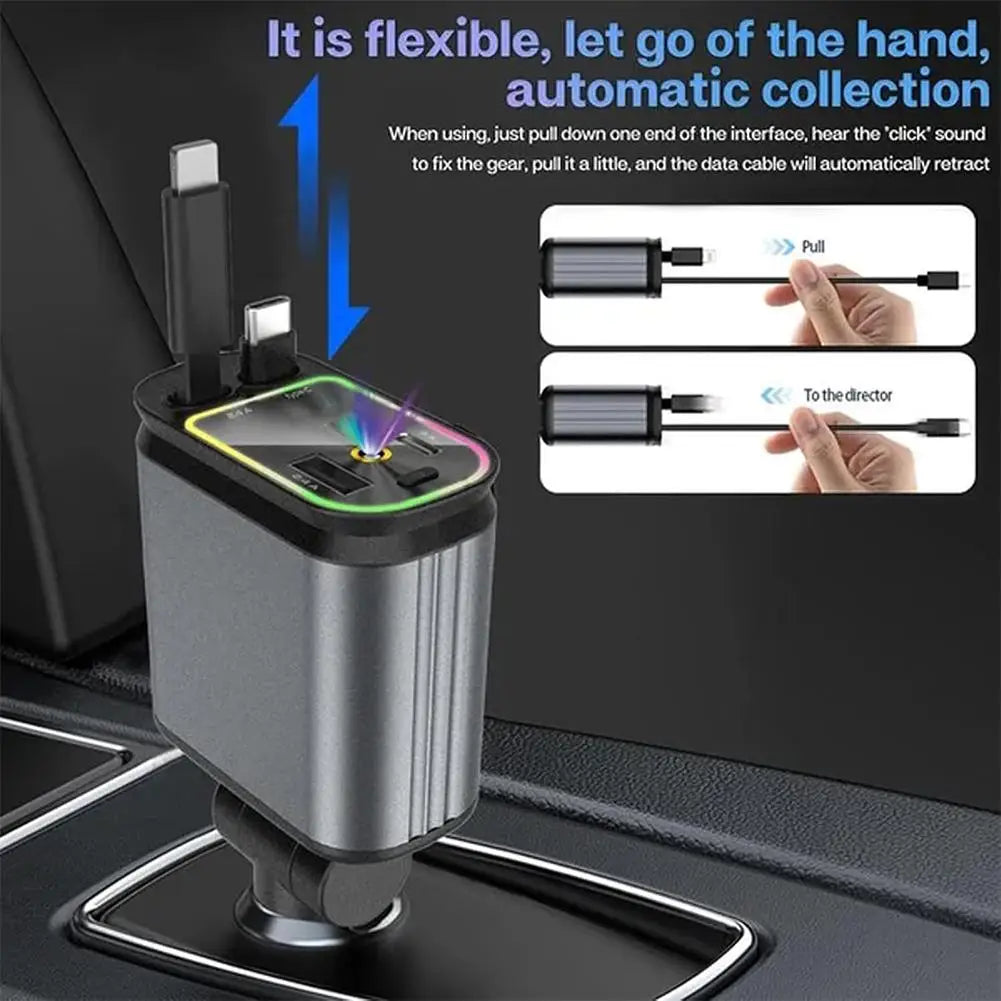 4 IN 1 Retractable Car Charger with Starlight in Car Roof 120W Car Charger Type C