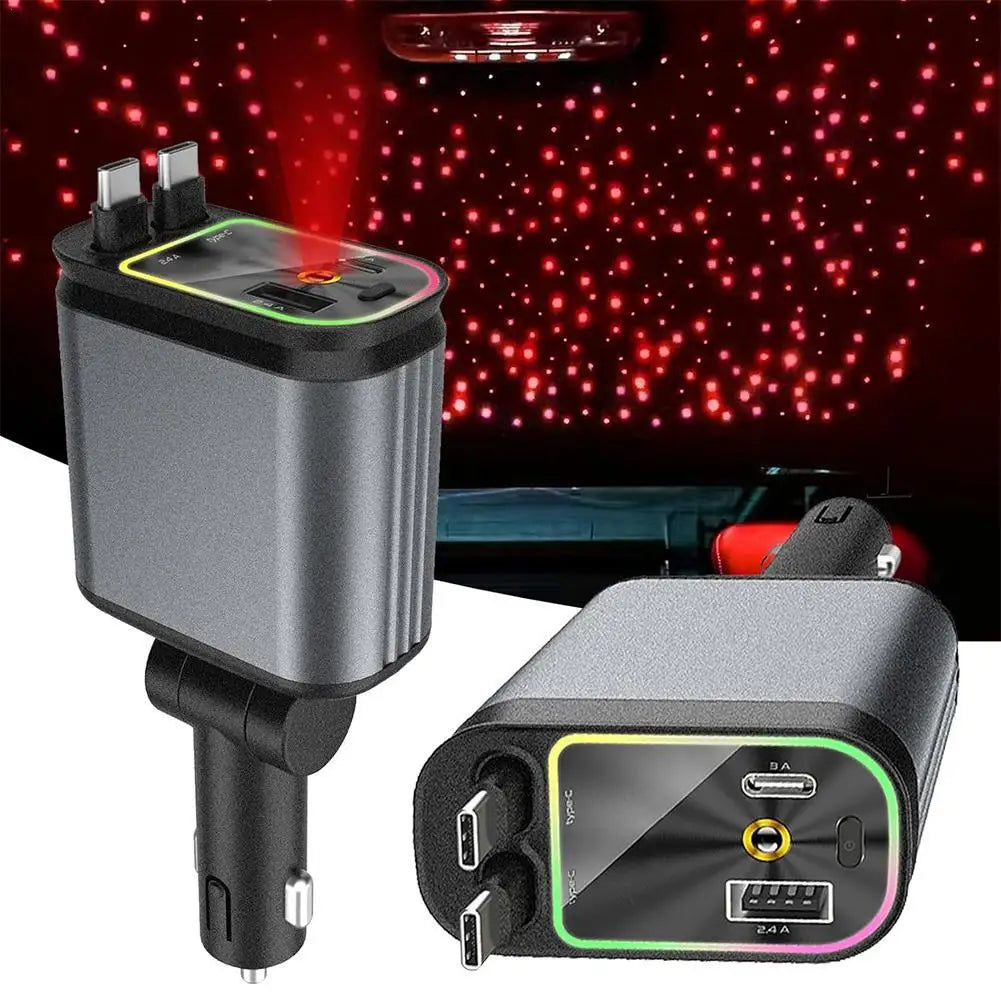 4 IN 1 Retractable Car Charger with Starlight in Car Roof 120W Car Charger Type C