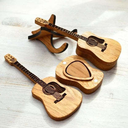 Wooden Guitar Pick Box with Stand Mini Shaped Holder Personalized Acoustic