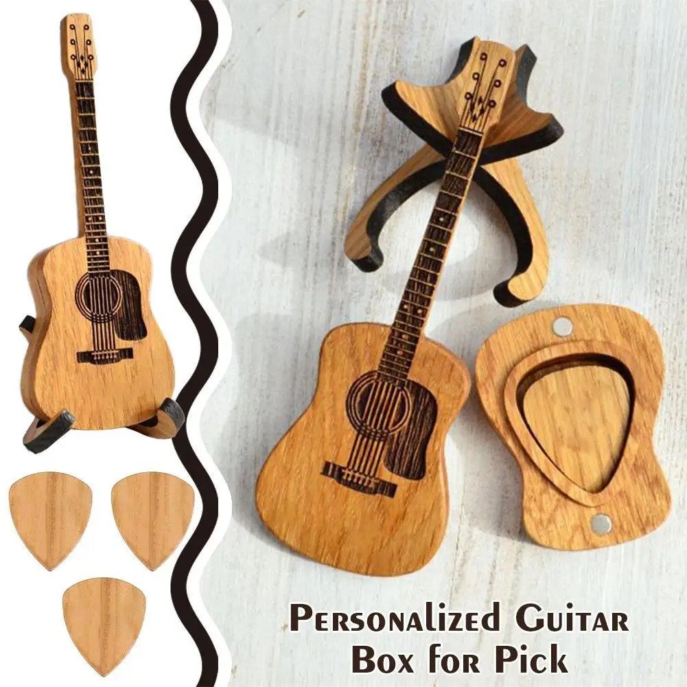 Boîte à médiators en bois avec support Mini support en forme de guitare acoustique personnalisée