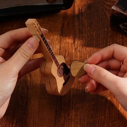 Wooden Guitar Pick Box with Stand Mini Shaped Holder Personalized Acoustic