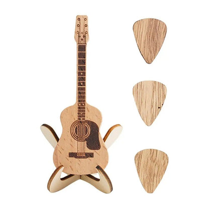 Wooden Guitar Pick Box with Stand Mini Shaped Holder Personalized Acoustic